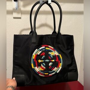 Tory Burch nylon and leather tote with embroidered logo